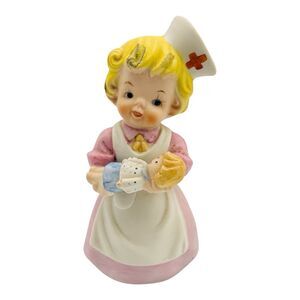 Porcelain Vintage Red Cross Nurse Girl Holding Doll 6” Tall